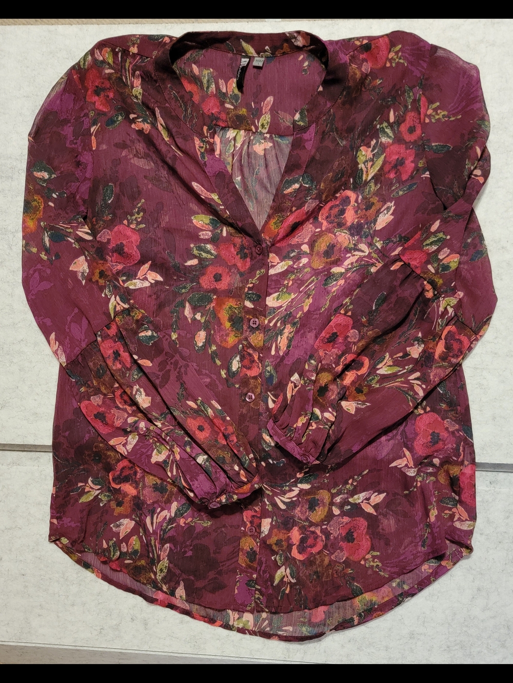 Kut from the Kloth Size L Burgundy Floral Chiffon Blouse Sheer Bishop Sleeve Top